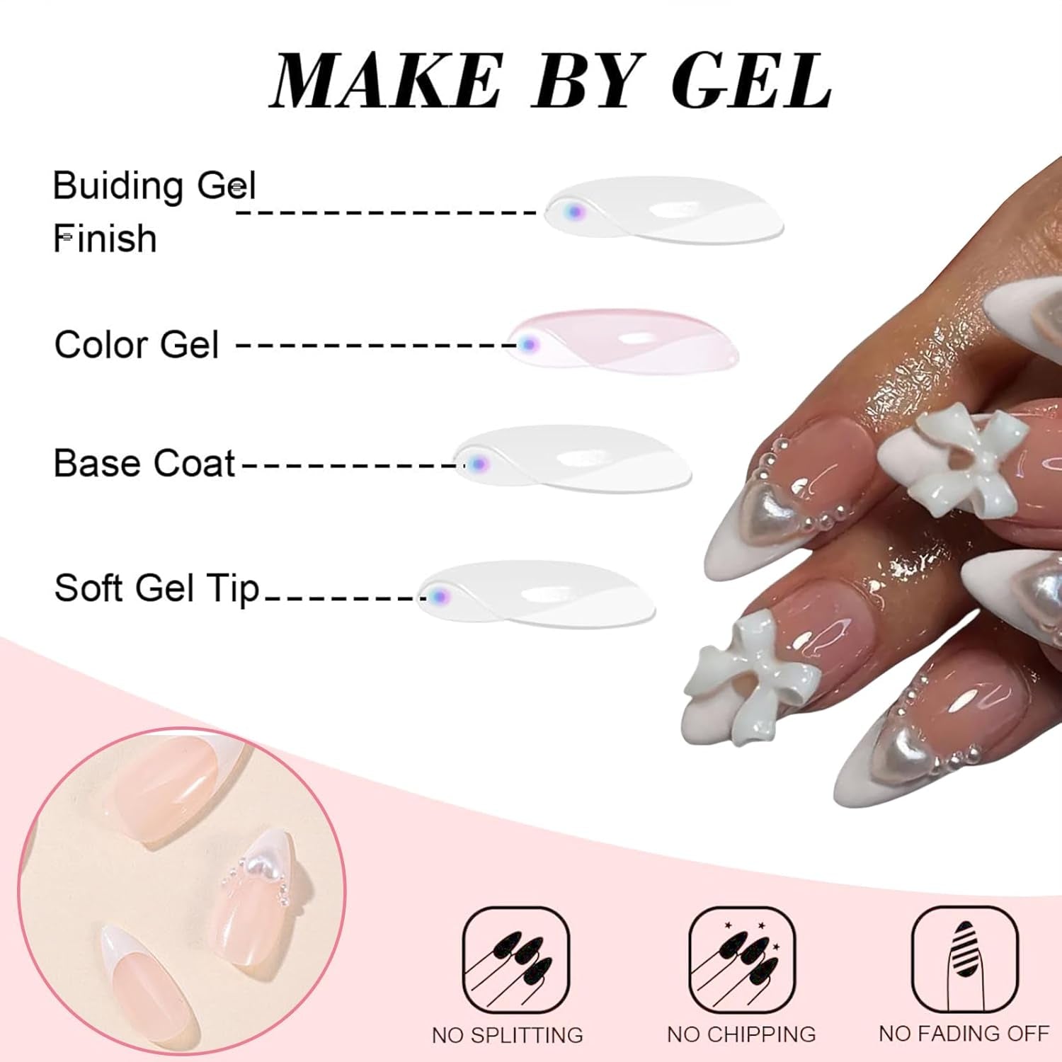 24 de bucăți de unghii franțuzești presă, albe, în formă de migdală, cu funde și perle, unghii artificiale pentru lipit, vârfuri de unghii false, unghii cu sclipici