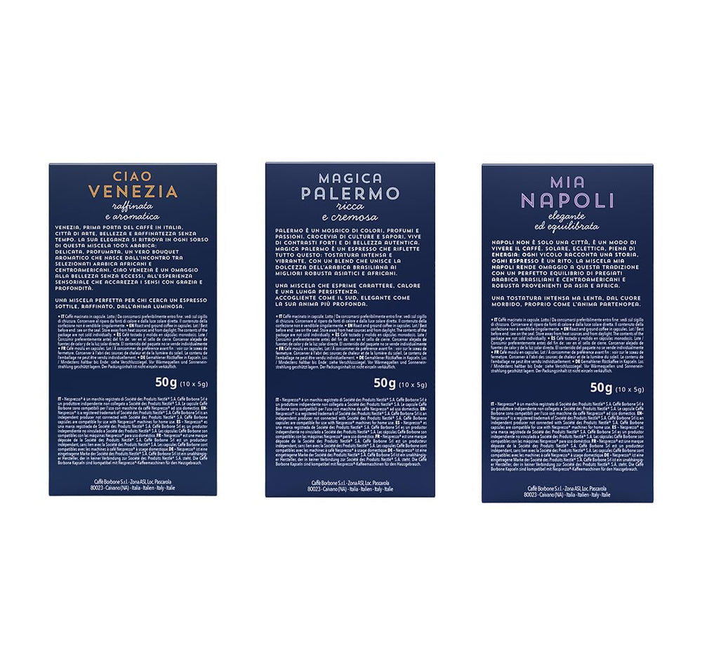 Caffè Borbone Verkostung Kit, 90 Aluminium-Kapseln: 30 Mia Napoli, 30 Ciao Venezia, 30 Magica Palermo, (3 x 30 Stück) – Kompatibel mit Kaffeemaschinen für den Hausgebrauch der Marke Nespresso®*