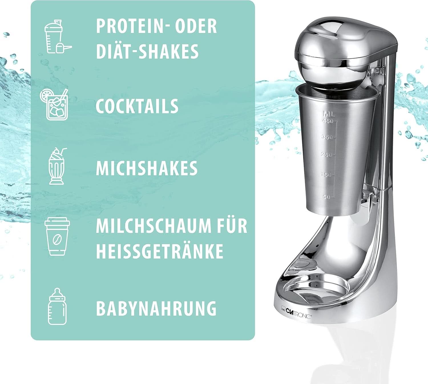 Clatronic® Barmixer U. Milchaufschäumer | Batidora | 650Ml Edelstahlbehälter | Praktischer Becherhalter | Mezclador | 2 Geschwindigkeitsstufen | Motor Kraftvöller de 65 vatios | Cromodesgin | BM 3472 Cocina Tienda Naty