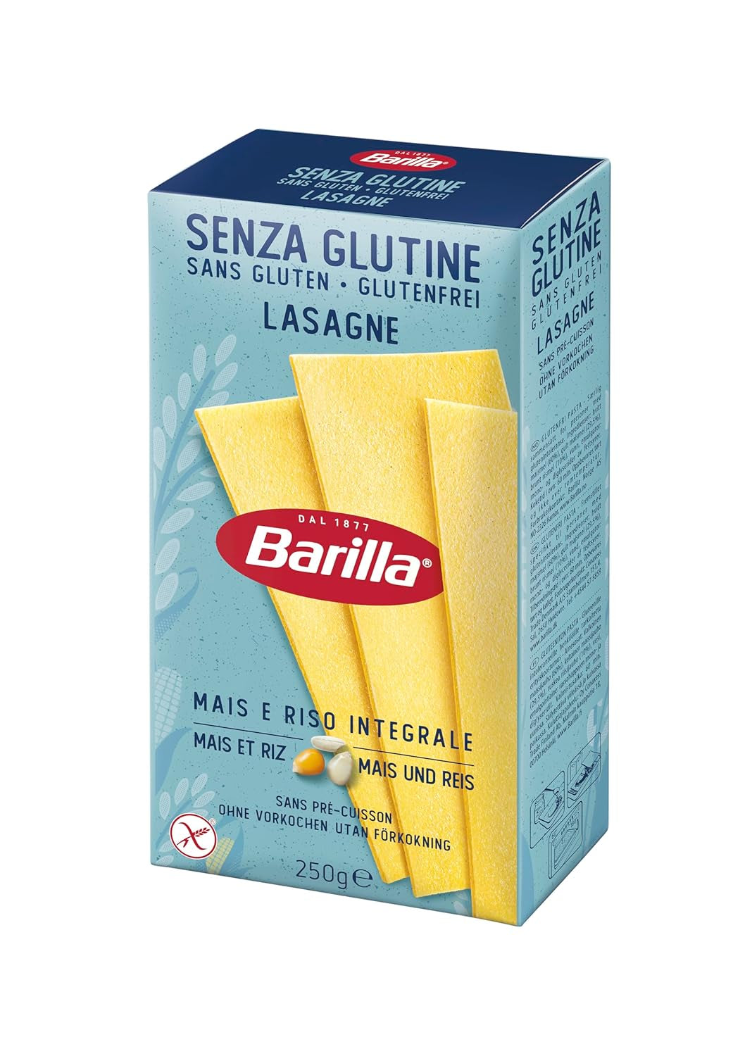 Barilla Pasta Lasaña Sin Gluten, elaborada con deliciosa maíz y arroz, perfecta para personas celíacas o intolerantes al gluten, paquete de 10 (10 x 250g)