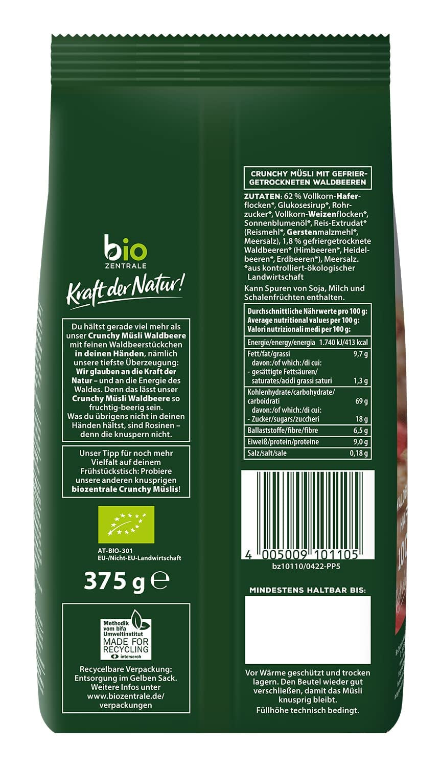 Muesli crujiente con frutos rojos Biozentrale | 375 g Muesli ecológico | Ideal para el desayuno y tu taza de muesli para llevar | Una alternativa a las barritas de muesli