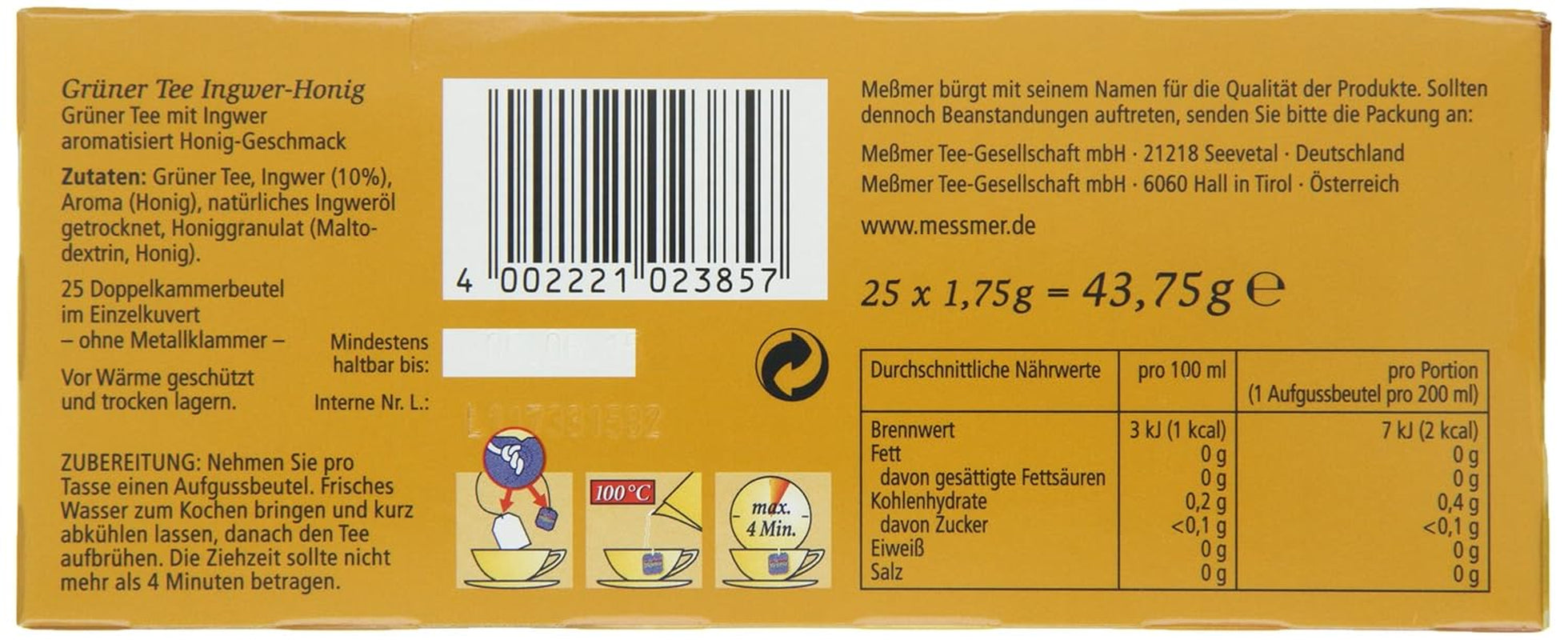 Ceai verde Meßmer cu ghimbir și miere | 25 pliculețe de ceai | Vegan | Fără gluten | Fără lactoză