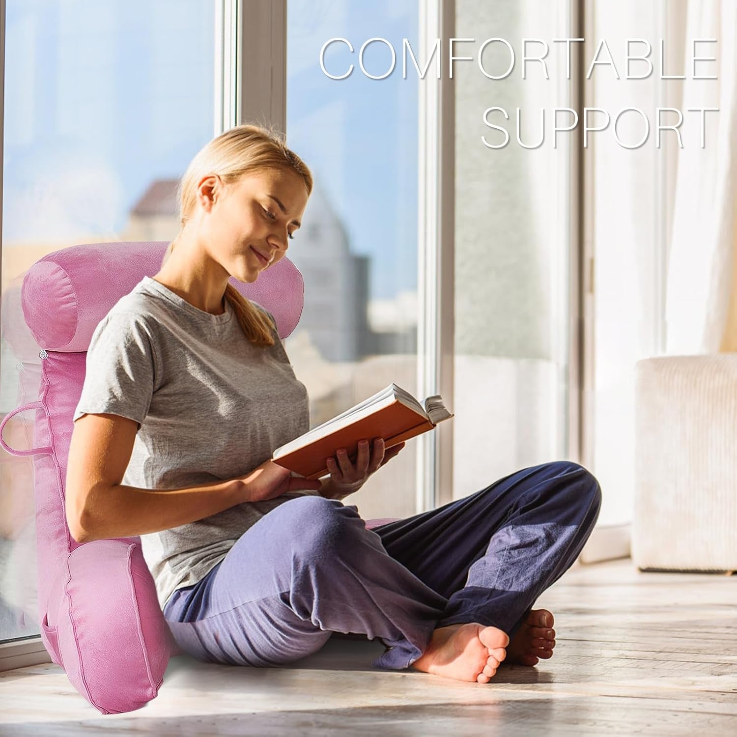 Pernă de citit XL pentru pat și canapea cu rolă detașabilă pentru gât, pernă ideală pentru spate pentru adulți cu spumă cu memorie pentru citit confortabil, lucru, joacă, vizionat la televizor, relaxare (roz)