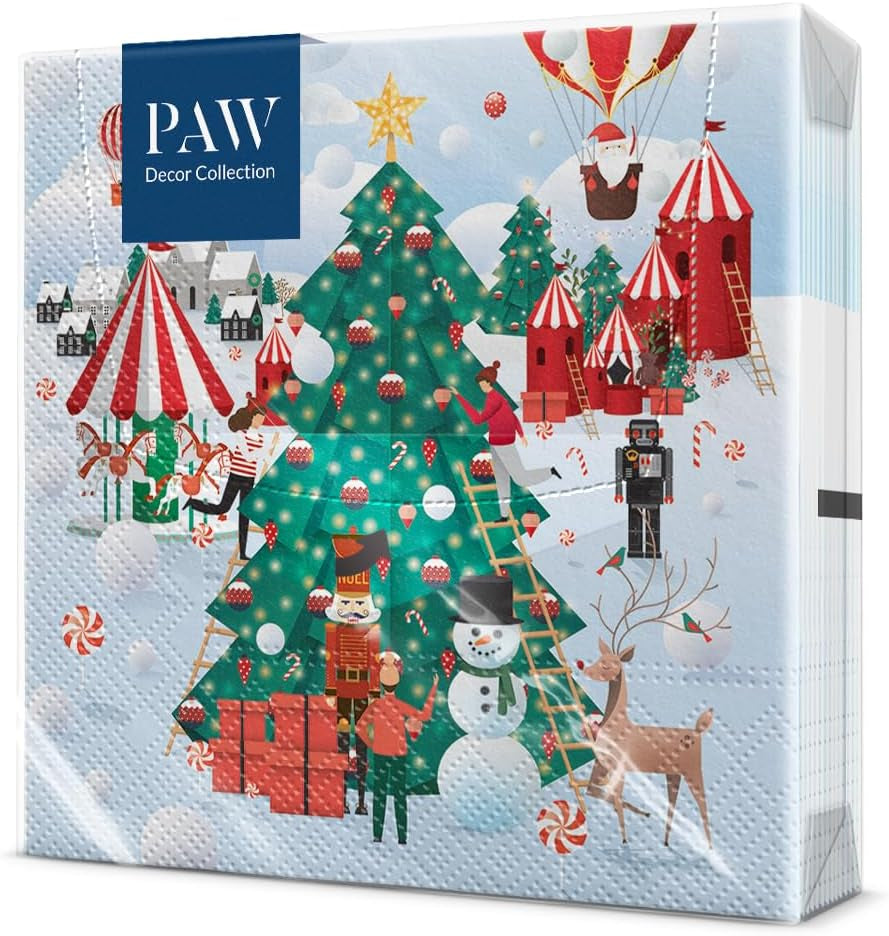 PAW - Șervețele 3 straturi (33 X 33 Cm) I 20 bucăți I Șervețele de hârtie colorate perfecte pentru masa de Crăciun I Șervețele - Crăciun, iarnă, stele, zăpadă, oameni de zăpadă I Familia Snowy