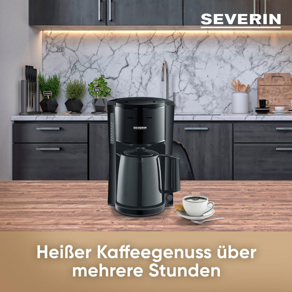 Aparat de cafea cu filtru SEVERIN cu carafă termică, aparat de cafea pentru până la 8 cești, aparat de filtru atractiv cu carafă izolată, negru, 1 litru, KA 9306