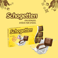 Schogetten para niños, barra de chocolate de 100 g, chocolate con leche con relleno cremoso de leche, en porciones convenientes. Un manjar. Pieza por pieza.