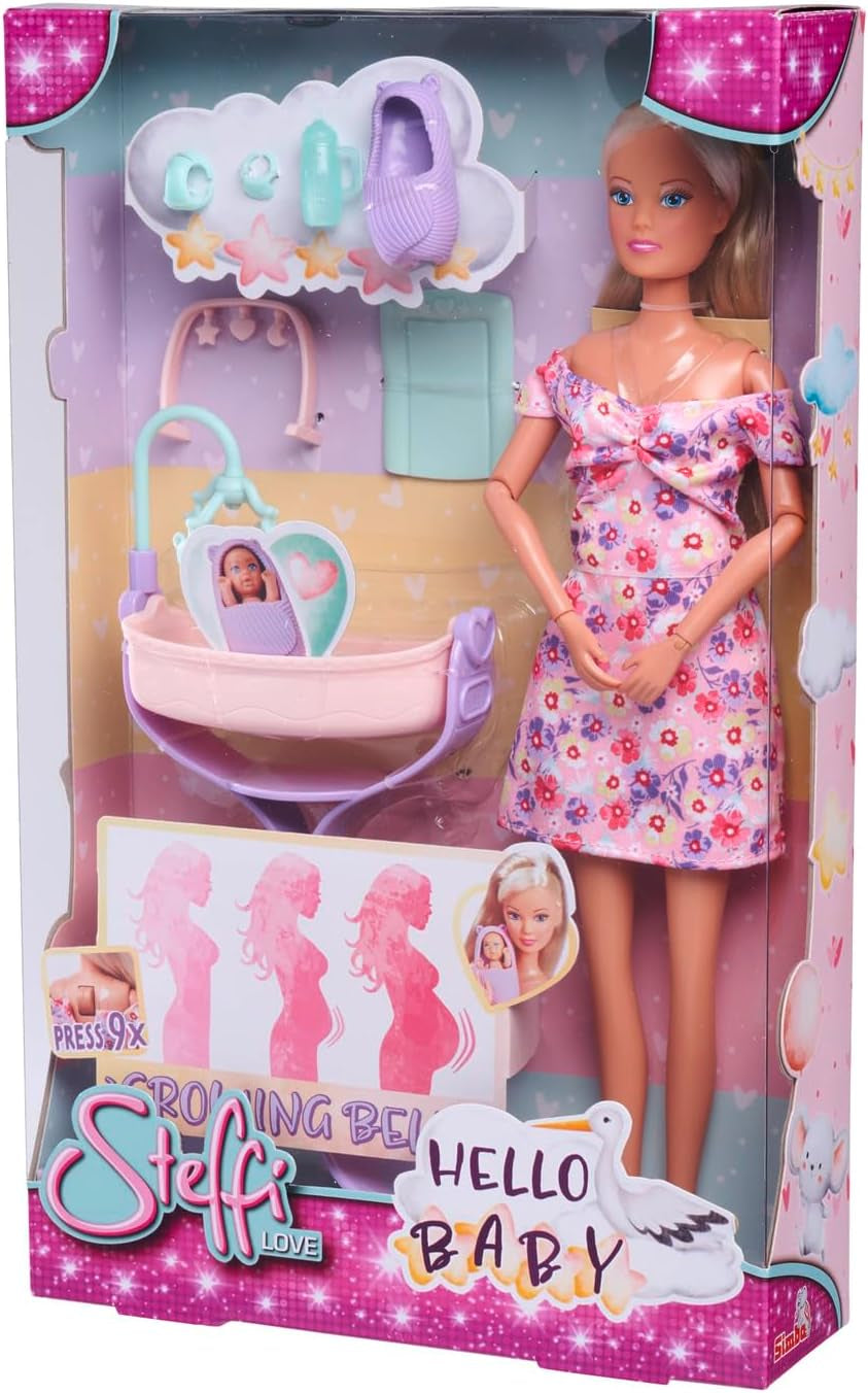 Simba 105733680 Steffi Love Doll Hello Baby (29 cm) - Păpușă însărcinată cu burtică în creștere, păpușă bebeluș și accesorii - Jucărie pentru copii, fete și băieți de la 3 ani