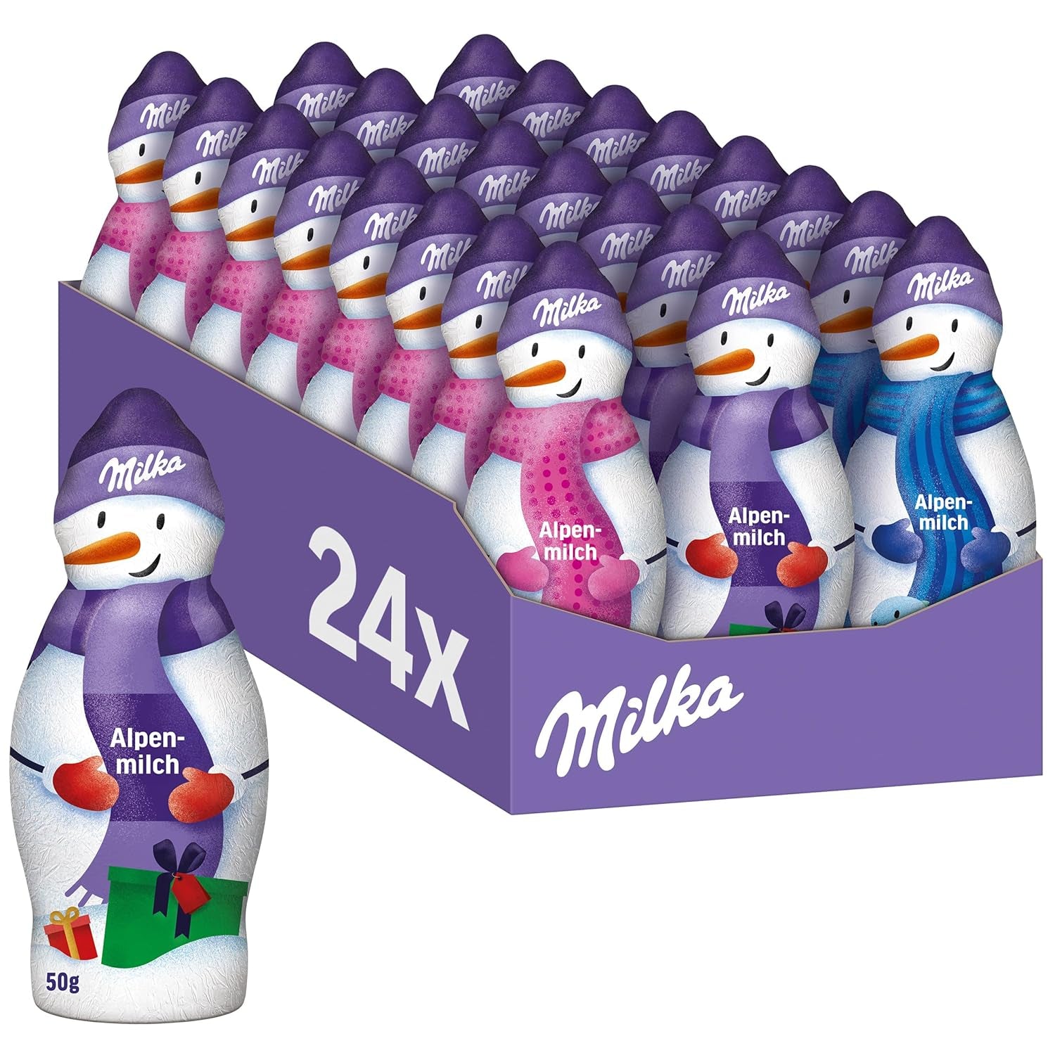 Milka Snowman Alpine Milk - Paquete grande de figuras de muñecos de nieve de chocolate en 3 modelos - 24 x 50 g