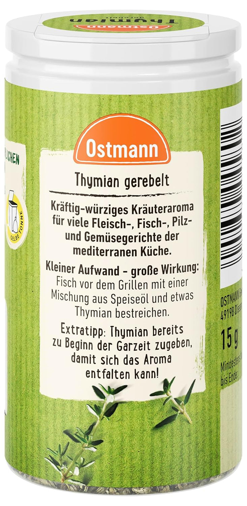 Ostmann Thyme gerebelt 15 g Thyme-Gewürz für viele Fleisch-, Fisch-, Pilz-, und Gemüsegerichte der Mediterranen Küche, Cantidad: 1 unidad
