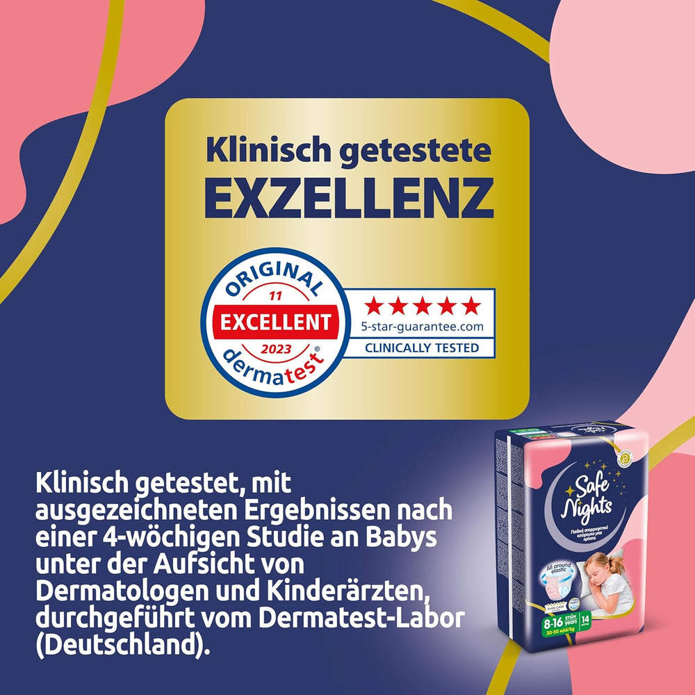 Safe Nights Girl, Ropa de dormir absorbente para niñas de 8 a 16 años (30 a 50 kg), paquete de 14