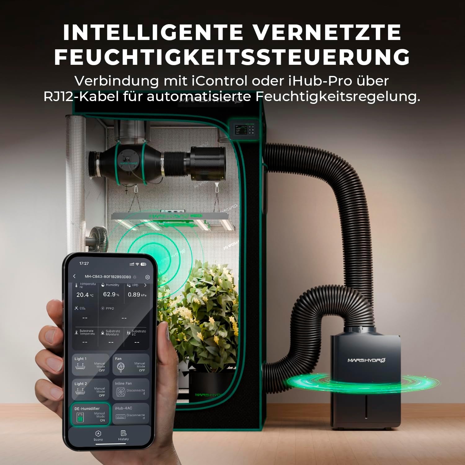 MARS HYDRO Deshumidificador, 12L/día, Descongelación Automática, Función Temporizador, Deshumidificador de Ambiente para Armarios de Cultivo, Sótanos y Plantas, Tanque de Agua de 1,2L