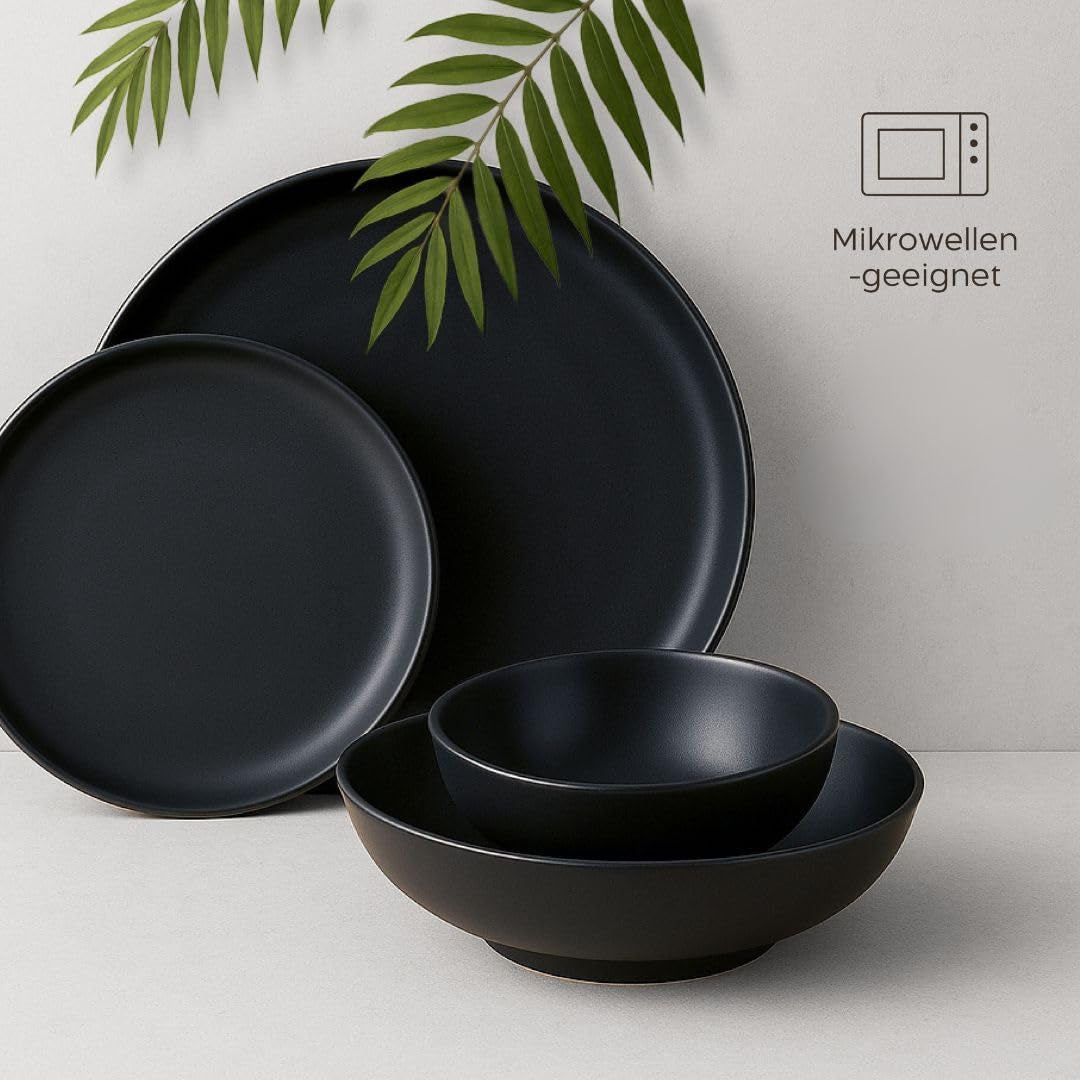 Set de farfurii din gresie pentru 6 persoane - set de 6 piese negru mat, farfurii mari, potrivite pentru cuptorul cu microunde, design elegant - Colecția Twinzee Ebony