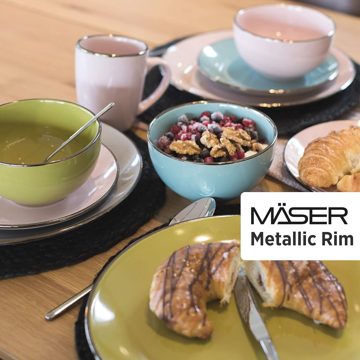 MÄSER Metallic Rim, Modernes Geschirr Set Für 4 Personen Mit Messingfarbenem Rand, 16-Teiliges Kombiservice Mit Randlosen Coupe-Formen, Steinzeug, Grau Juegos de vajilla Naty Shop