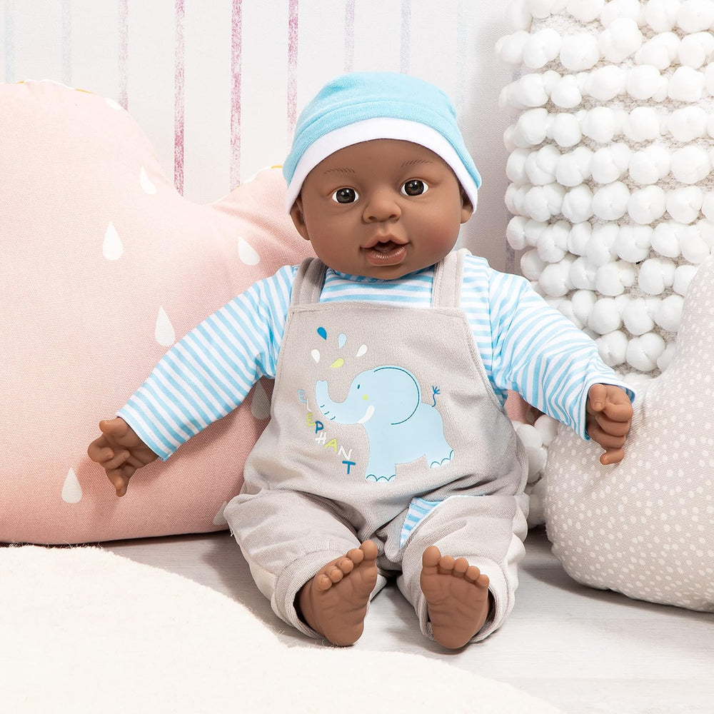 Bayer Design 94001AH Păpușă interactivă pentru bebeluși, băiat, vorbitoare, corp moale, 40 cm, piele închisă la culoare, albastru