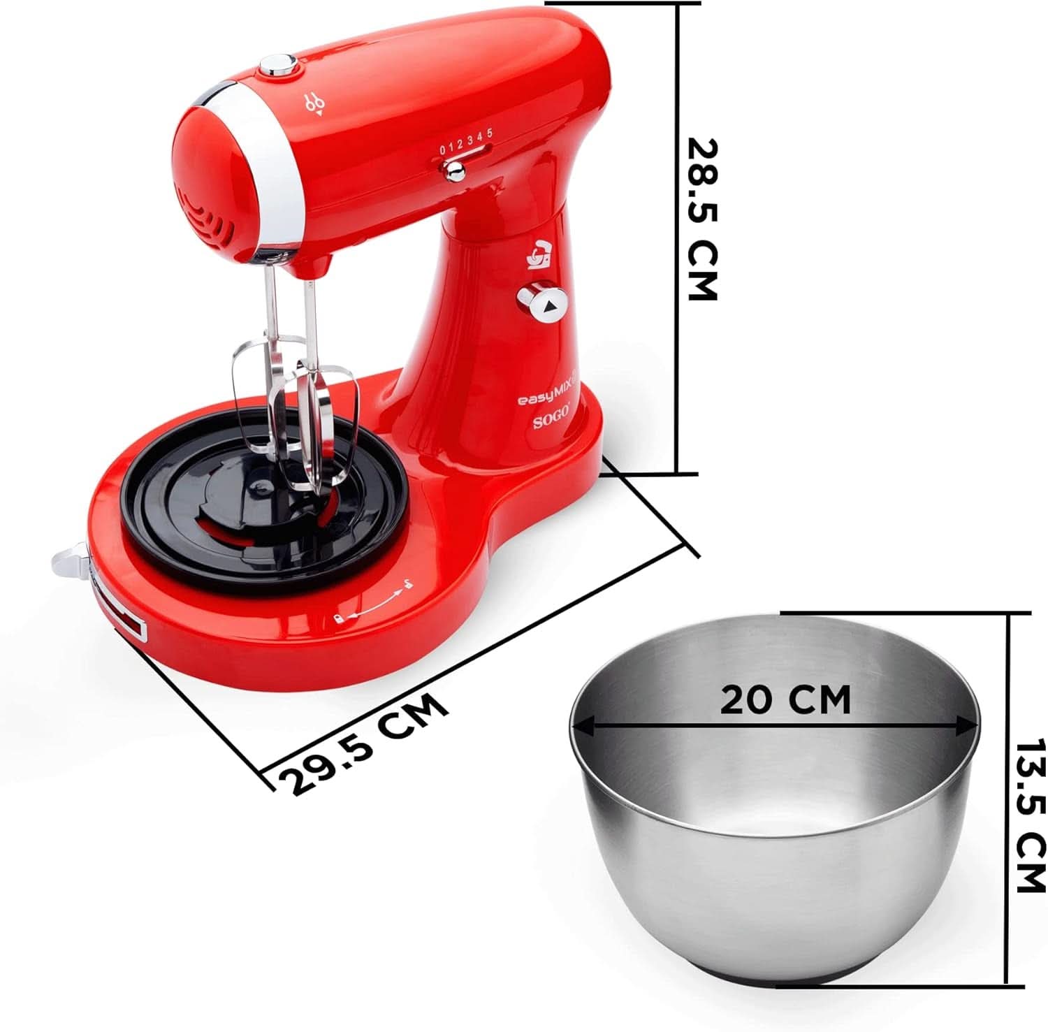 SS-14506 Küchenmaschine, Mixer Und Mixer 3-In-1 Mit Drehschüssel, Stäbchen Und Haken Zum Kneten Aus Edelstahl, 5 Geschwindigkeiten, 3,2 Litros (Rot) Mother and Child Naty Shop