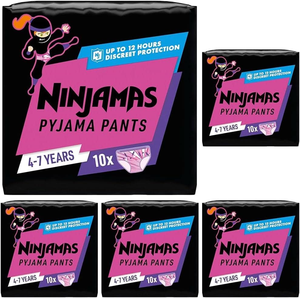 Pantaloni de pijama Ninjamas Spaceship, 10 pantaloni de noapte absorbanți, 7 ani, 17Kg-30Kg Mama si Copilul Naty Shop 50 bucati Fete, 4-7 ani
