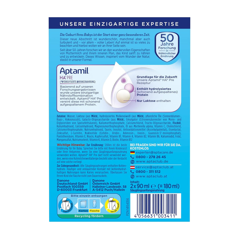 Aptamil HA Pre Ready to Drink – Leche hidrolizada para lactantes desde el nacimiento – 4 x 2 x 90 ml