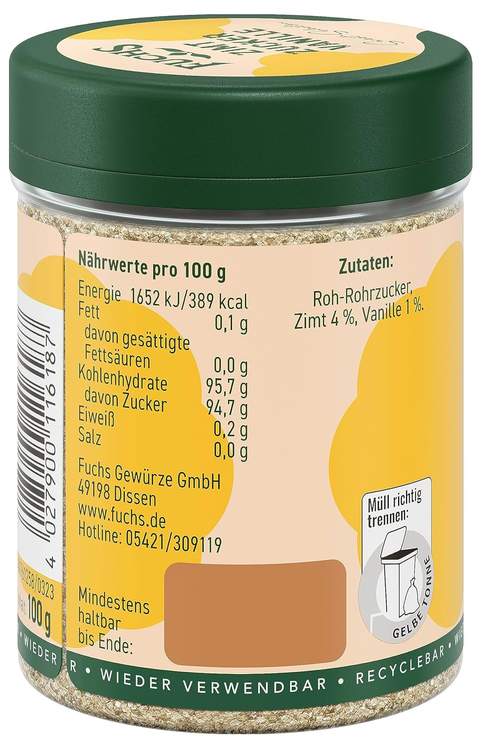 Fuchs Gewürze - Zimt Zucker Vanille - Gewürz zum Versüßen von Wafeln, Milchgetränken oder Joghurt - aus natürliche Ingrediente - 100 g en wiederverwendbarer, recyclebarer Dosis
