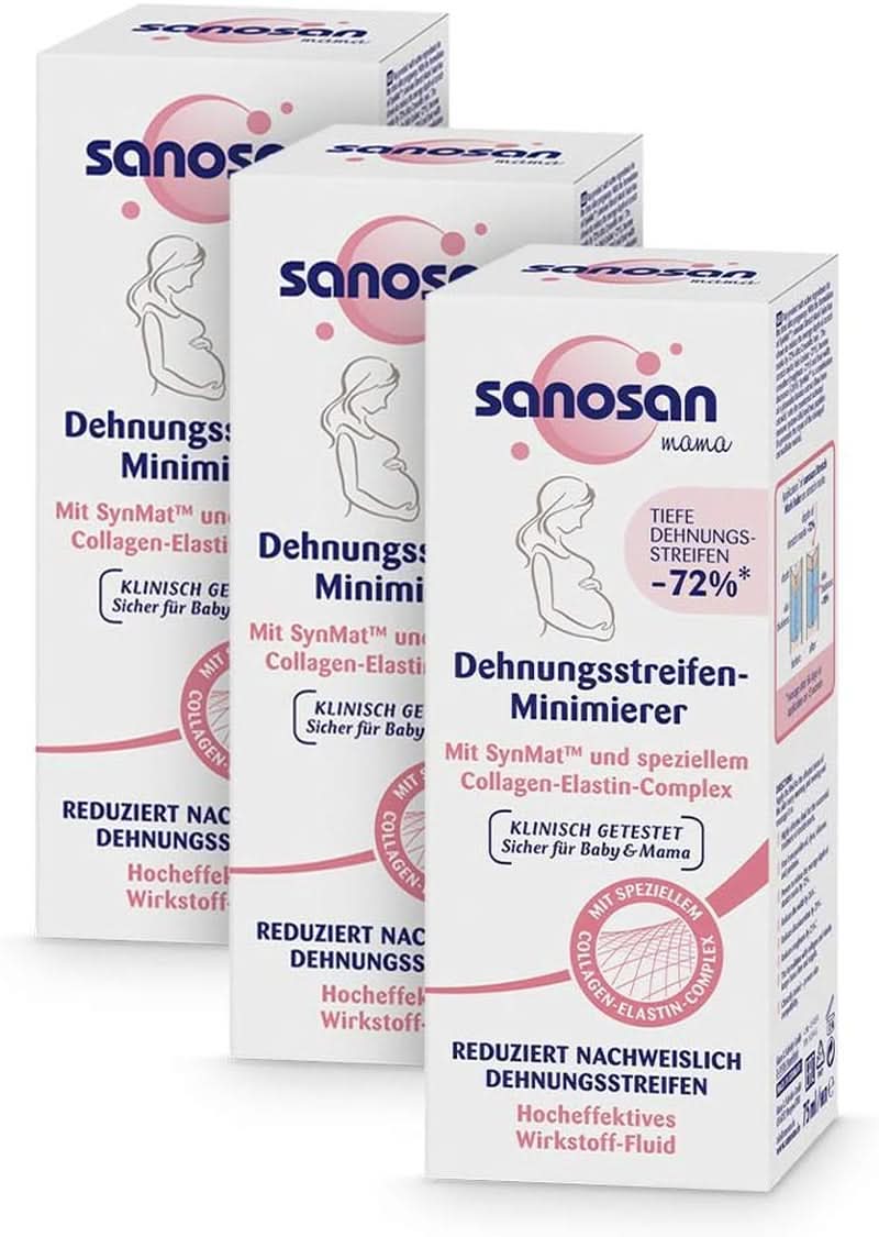 Sanosan Minimizador de Estrías, clínicamente testado - probado para reducir las estrías después del embarazo, sin aceite de parafina, colorantes, siliconas, 75 ml Cosmética y Belleza Naty Shop 3 piezas
