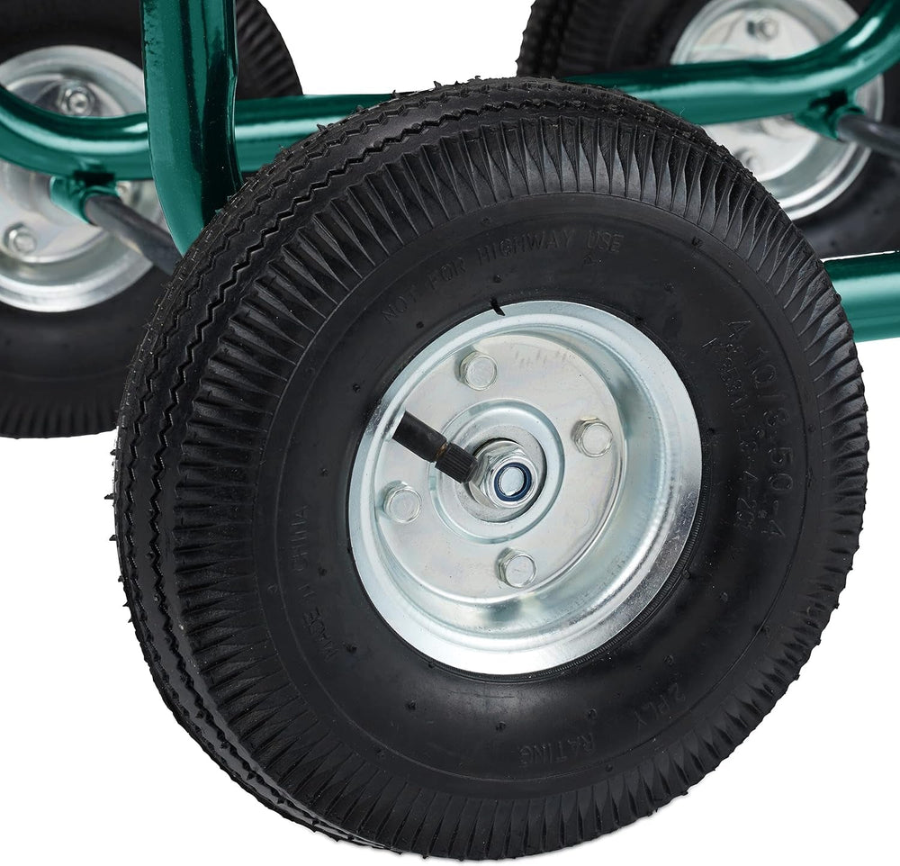 Cărucior furtun Relaxdays, până la 90 m, 4 anvelope pneumatice, cuplaj clic, rolă metalică pentru furtun, distribuitor furtun cu coș, verde
