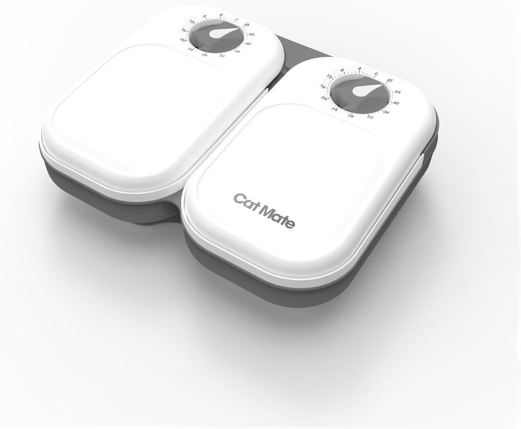 Cat Mate C200 Hrănitoare automată pentru 2 mese cu cronometru (401) - pentru pisici și câini mici, inclusiv baterie de răcire pentru hrană umedă și uscată, mese de până la 400 g fiecare, alb