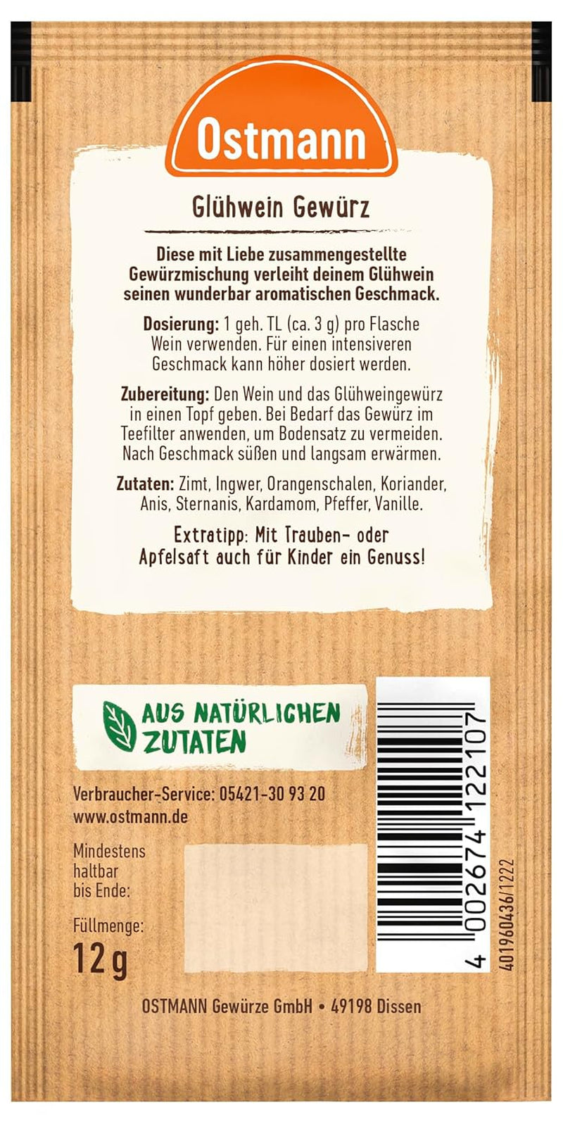 Ostmann Gewürze – Glühwein-Gewürz, Gewürzmischung für Glühwein, Punsch, Feuerzangenbowle & Kinderpunsch, ideal para el invierno y la Navidad, vegano, 12 g (1er paquete)