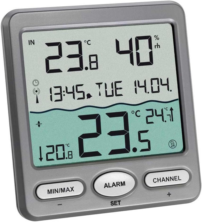 TFA Dostmann Venice Termómetro para piscinas, 30.3056.10, para controlar la temperatura del agua en piscinas, estanques o jacuzzis, termómetro digital inalámbrico para piscinas, gris, largo 116 x ancho 24 (65) x alto 126 mm