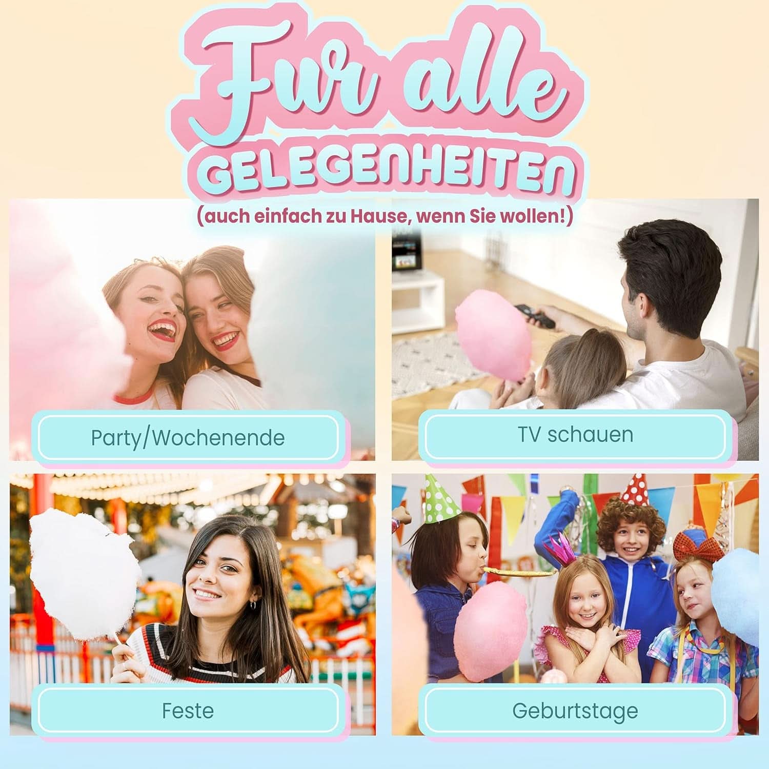 GREENDOSO® Algodón de azúcar para máquina de algodón de azúcar (4 x 320 gramos) - 4 sabores (fresa/cola/frambuesa/manzana) + 50 barritas - MADE in FRANCE Naty Shop