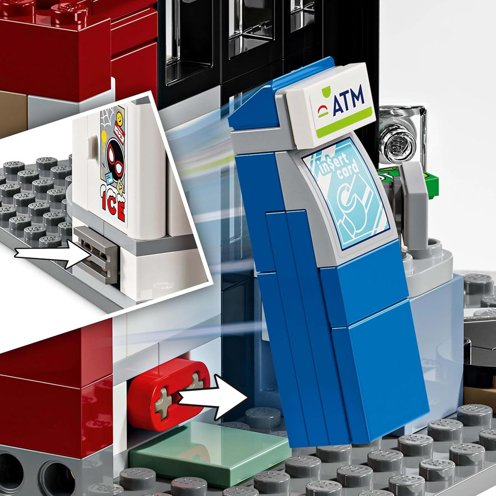 LEGO Marvel Spider-Verse: Miles Morales Vs. Spot - Set de joacă pentru supereroi cu mașină de jucărie - 4 minifigurine și mini-market - Cadou pentru băieți și fete cu vârsta de 9+ 76311 Seturi de constructie Besuche den LEGO-Store