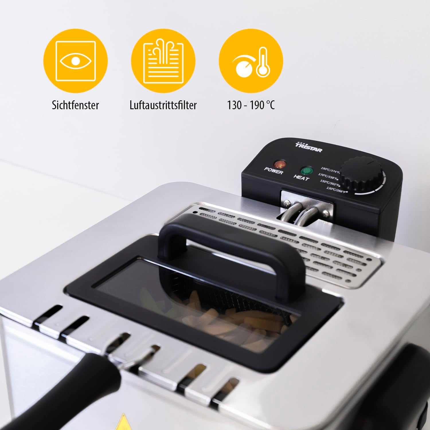 Freidora Tristar, 1 cestillo grande y 2 cestos pequeños, termostato regulable, zona de enfriamiento, 5 litros, 2000 W, FR-6949 Electrodomésticos Naty Shop