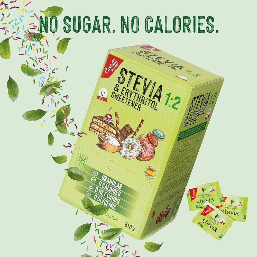 Stevia + Eritritol 1:2 Süßstoff | 204 Bolsa Mito 2.5 G | 100% Natürlicher Zuckerersatz - 0 Kalorien - 0 Glykämischer Index - Keto Und Paleo - 0 Kohlenhidrato - Kein GVO - Castello since 1907-510 G Edulcorantes Naty Shop