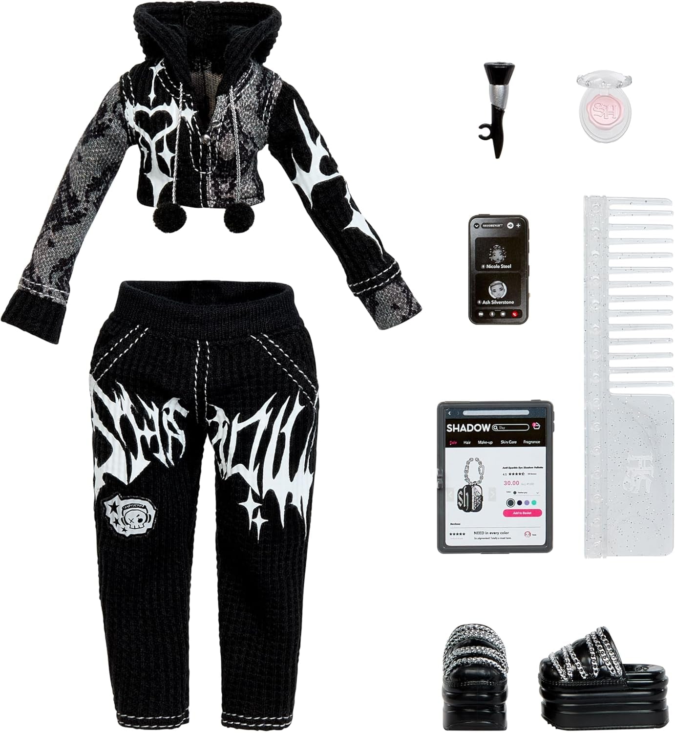 Noaptea fetelor Rainbow High Shadow High – Heather Grayson – Păpușă la modă de 28 cm în nuanțe de gri, păr și ținută alb-negru cu accesorii și pieptene – Pentru colecționari și copii cu vârsta de 6 ani și peste