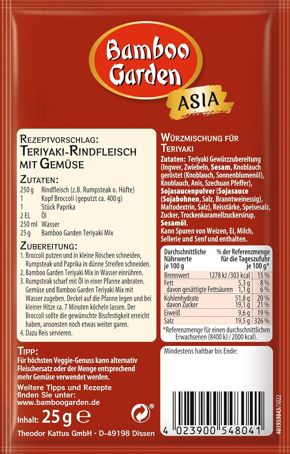 Bamboo Garden - Mezcla de condimentos Teriyaki, Gewürzmischung für Teriyaki, Für 4 Portionen, Ohne Geschmackverstärker und Konservierungsstoffe, 1 x 25 g (Verpackungsdesign kann abweichen)