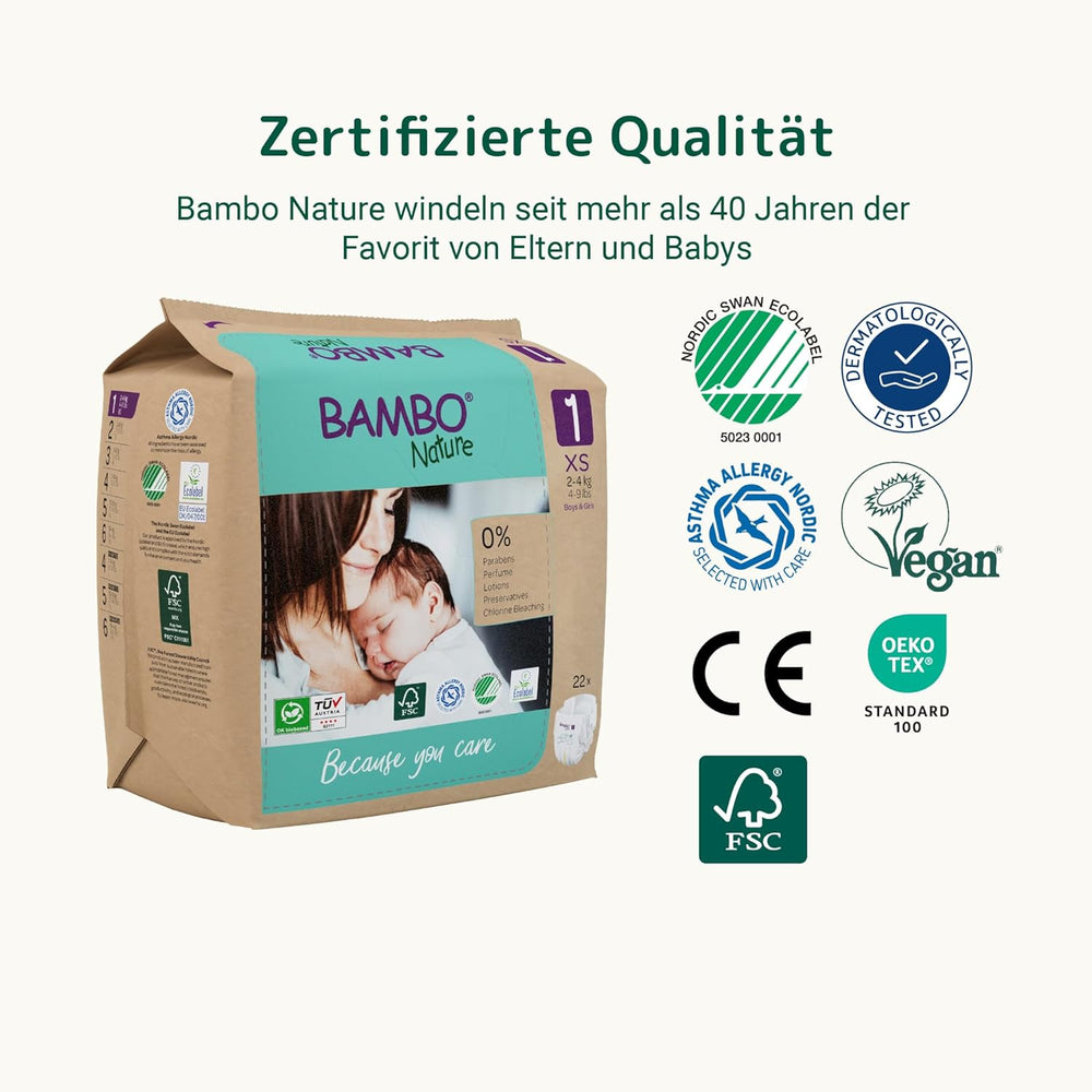 Pañales para bebé Bambo Nature, tamaño 1 (2-4 kg), caja mensual de 132 unidades | Pañales Premium con protección mejorada contra fugas | Máxima comodidad y libertad para los recién nacidos | Pañales testados dermatológicamente