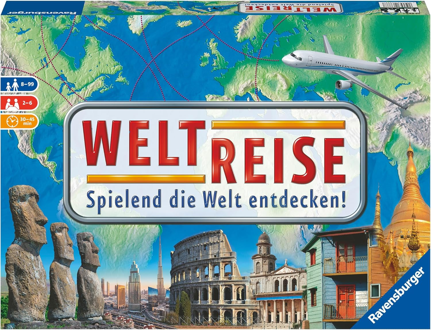 Ravensburger Family Game 26888 - World Tour - Clásico para familias, a partir de 8 años - Party game, viajes por el mundo, juego de mesa para hasta 6 jugadores - Más de 170 ciudades