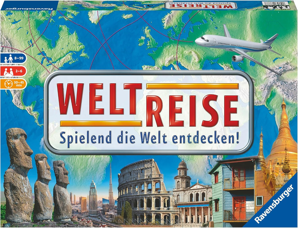 Ravensburger Family Game 26888 - World Tour - Clásico para familias, a partir de 8 años - Party game, viajes por el mundo, juego de mesa para hasta 6 jugadores - Más de 170 ciudades
