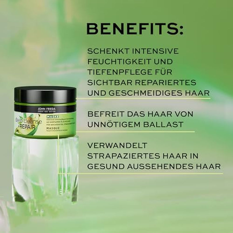 John Frieda - Deep Cleanse & Repair Mask / Treatment - Conținut: 250 ml - Cu ulei de semințe de cânepă + avocado hrănitor - Mască de păr calmantă pentru părul deteriorat Masca de par Naty Shop