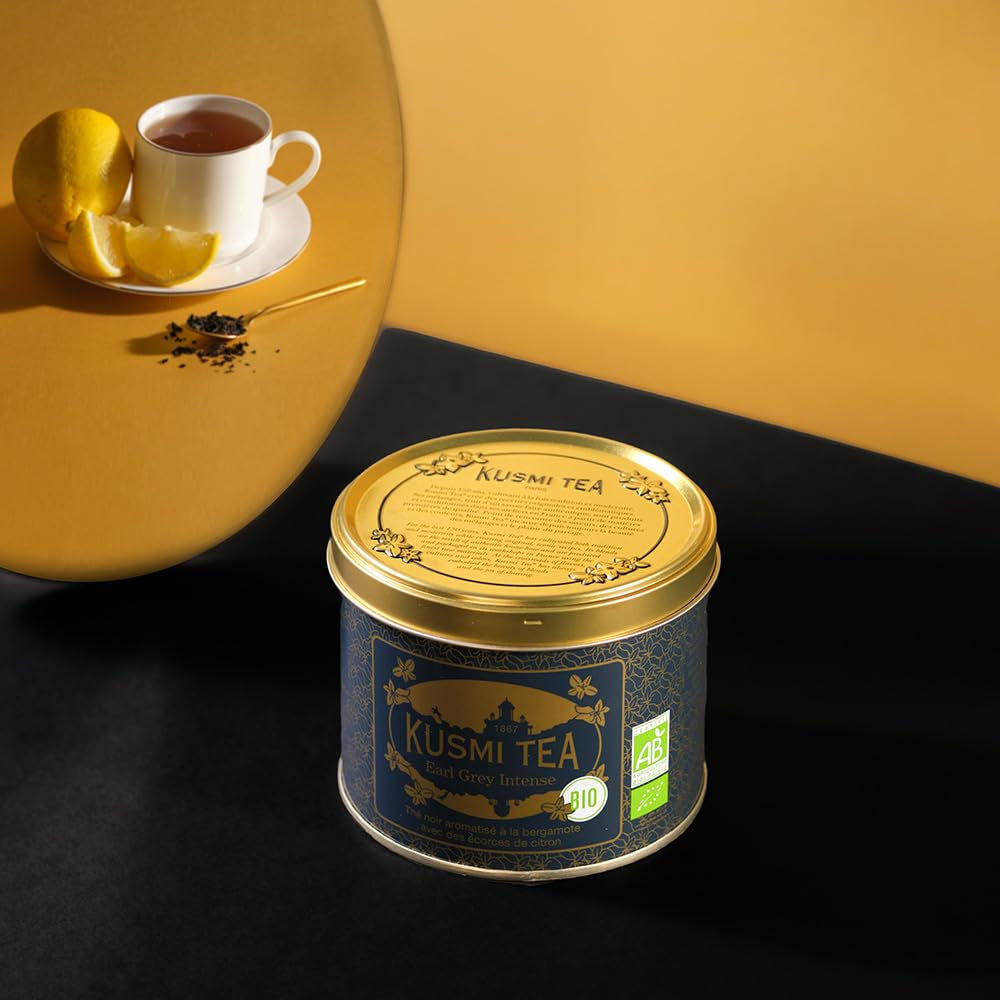 Kusmi Tea - Earl Grey Intense - Ceai negru Earl Grey organic cu bergamotă puternică și lămâie picantă - Ceai vrac - Cutie metalică de 100 g - Cantitate pentru aproximativ 50 de cești