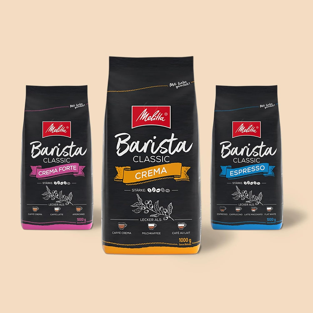 Melitta Barista Classic Crema, Ganze Kaffee-Bohnen 1kg, ungemahlen, Kaffeebohnen für Kaffee-Vollautomat, mittlere Röstung, Stärke 3, Verpackung kann variieren