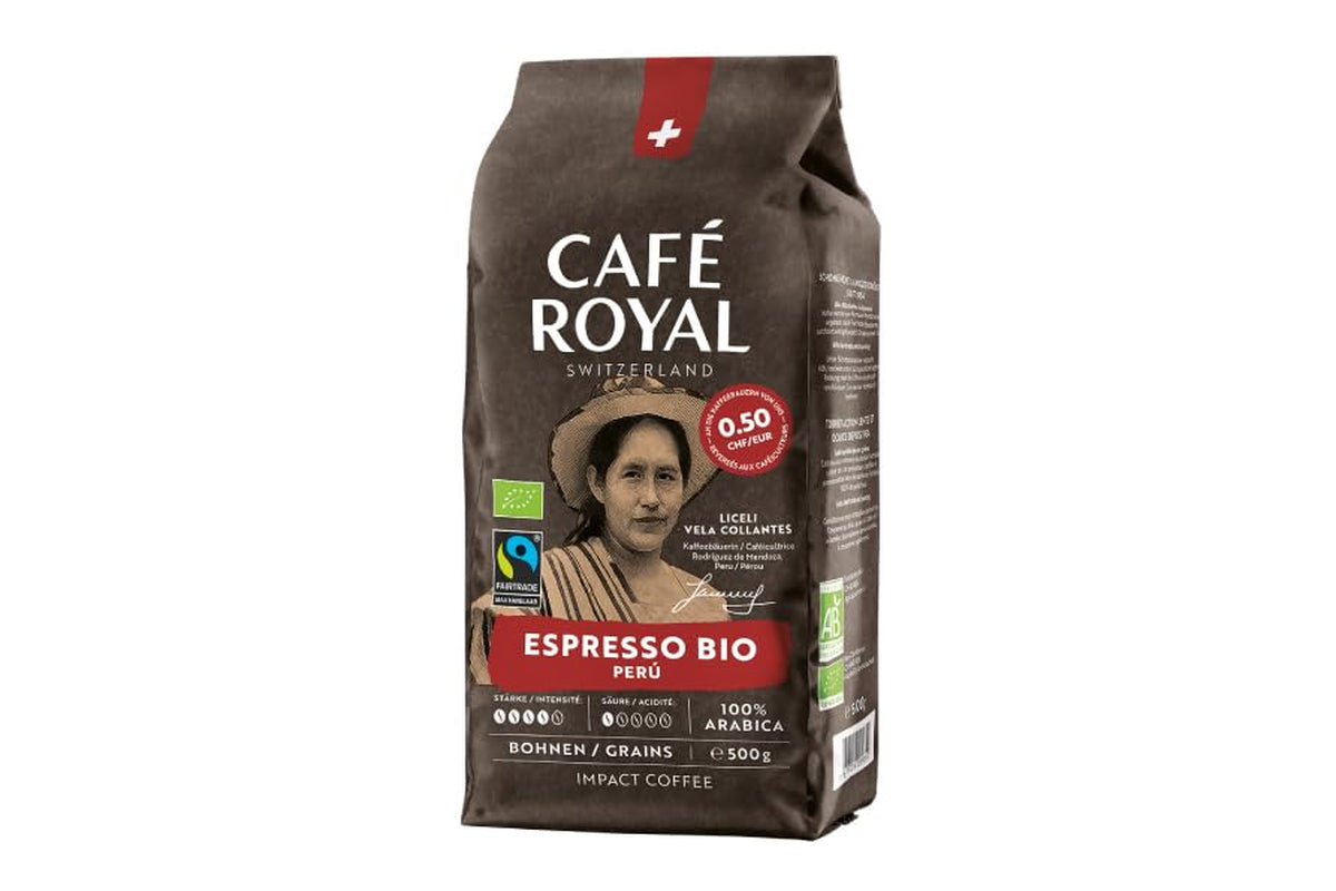Café Royal Bio Espresso Peru – 100% Arabica Kaffeebohnen, aromatisch-intensiv, dunkle Röstung, Stärke 4/5, Bio & Fairtrade, 500 g ganze Bohnen