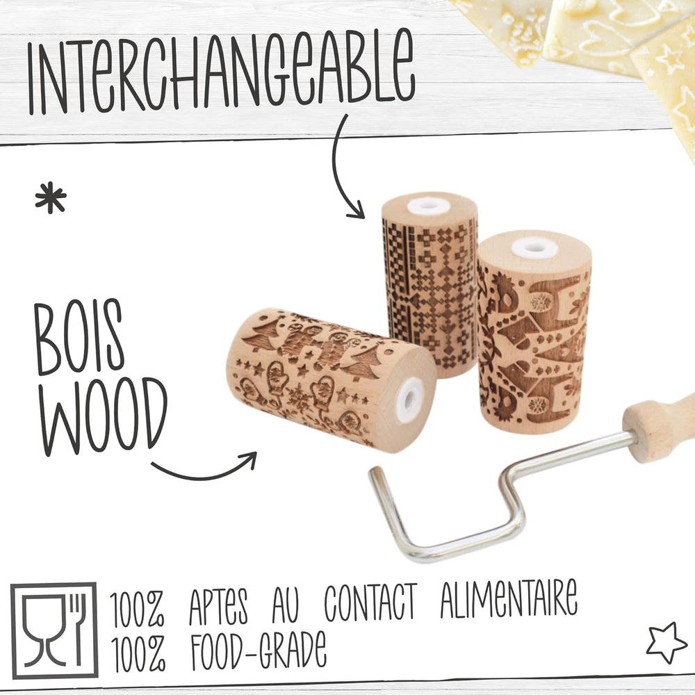 ScrapCooking 3798 Juego de rollos de galletas navideñas – 3 mini rollos de madera con motivos – Dekos mit Prägung – Forma para Kekse, Sandgestrahlt, Kekse