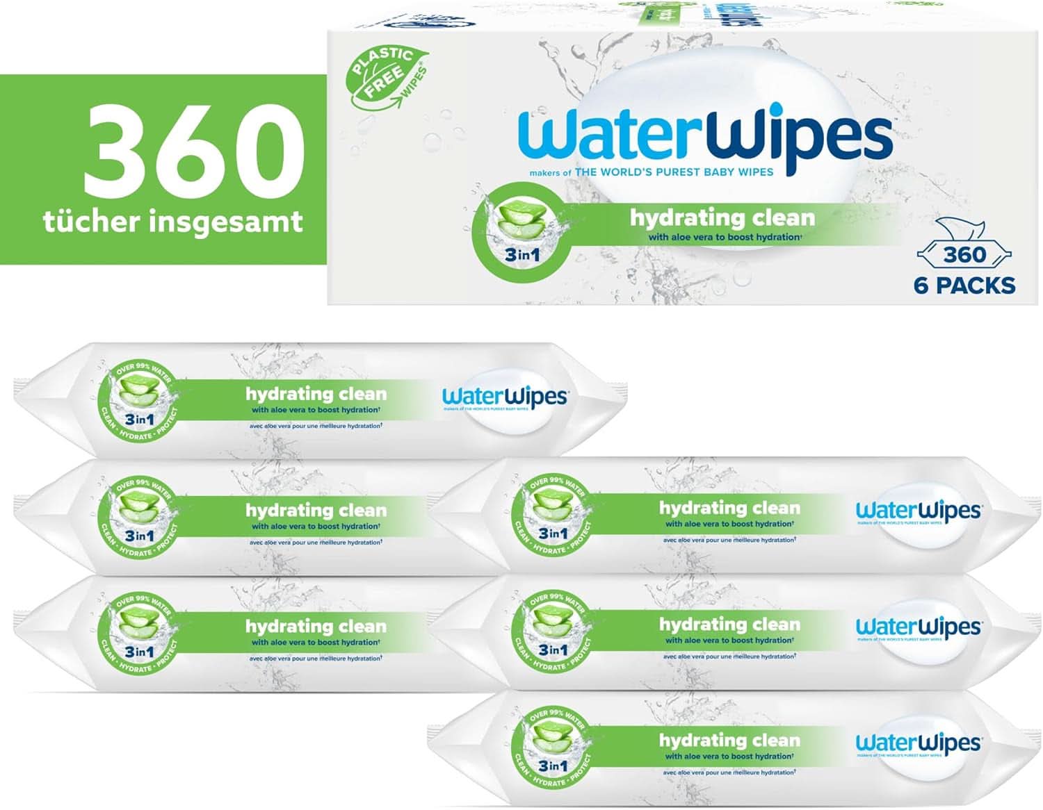 Waterwipes Toallitas húmedas para bebé hidratantes y limpiadoras con 99% de agua y extracto de Aloe Vera Toallitas húmedas para rostro y cuerpo Naty Shop