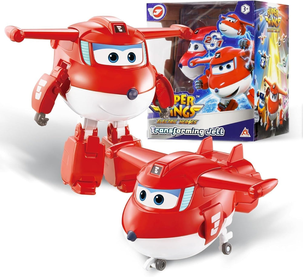 Avión de transformación Super Wings Traver sobrealimentado, aprox. Figura de juego grande para niños de 12,7 cm Figura de avión y robot de juguete para niños y niñas mayores de 3 años Figuras de acción plateadas Naty Shop Jett