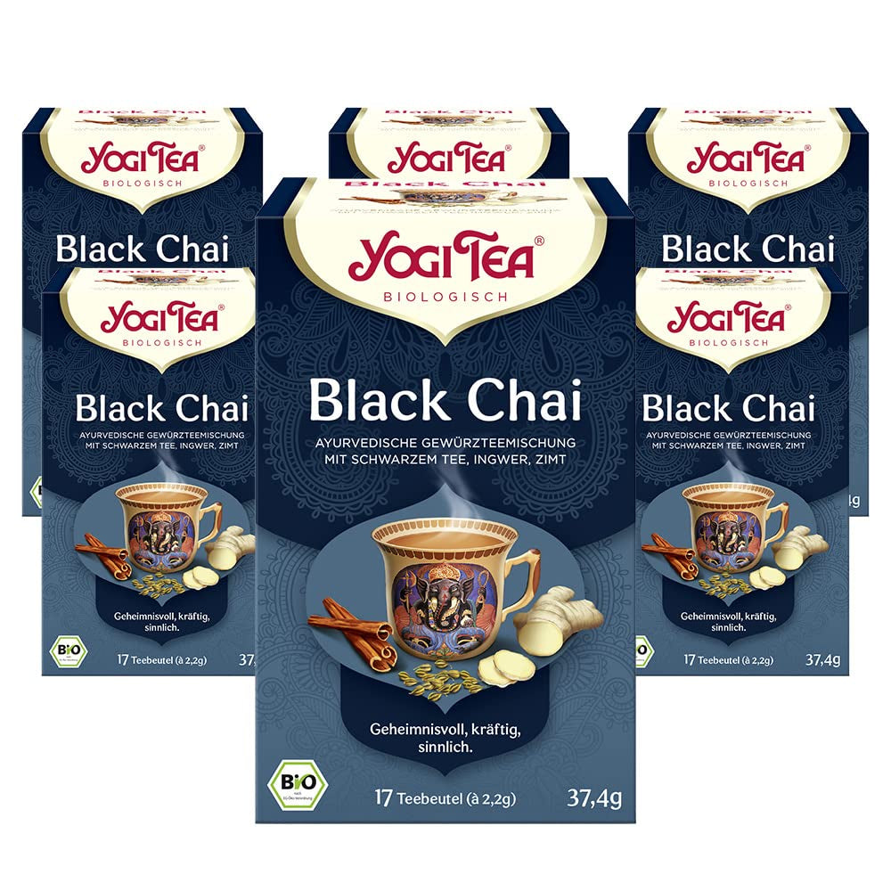 YOGI TEA, Black Chai, Chai negru, ceai ayurvedic organic cu condimente și plante, amestec de ceai negru, ghimbir, scorțișoară, Yogi Tea pachet de 6, 6X17 pliculețe (102 pliculețe de ceai în total), ideal ca cadou