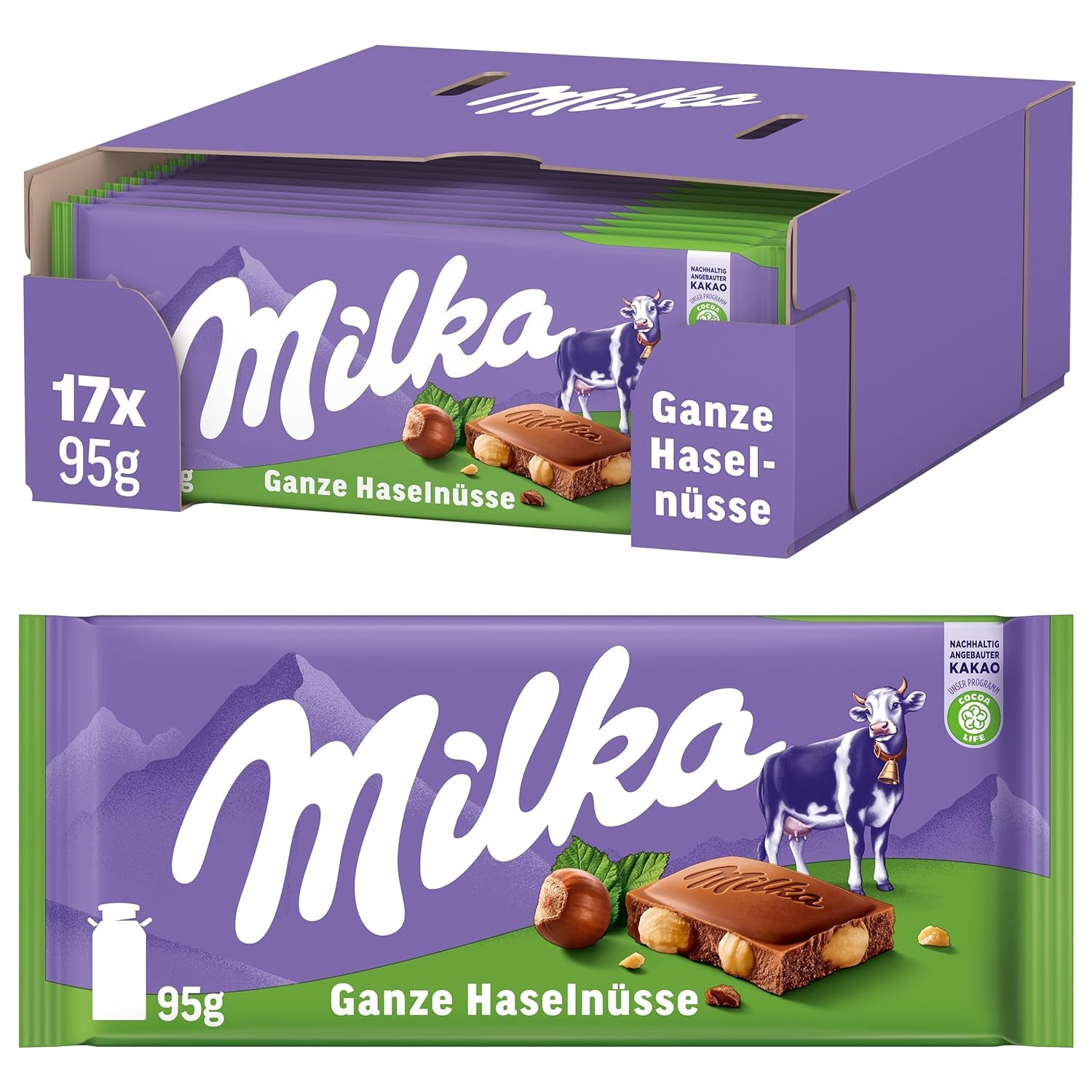 Milka Alpine Chocolate con leche con avellanas enteras - Chocolate con nueces crujientes - 17 x 95g