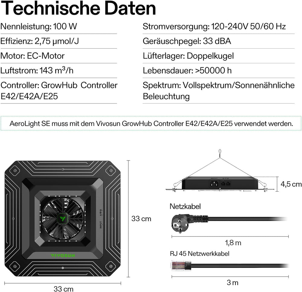 VIVOSUN Sistema de Cultivo Inteligente con Lámpara LED AeroLight A100SE de 100W con Ventilador de Circulación Integrado, Ventilador de Conducto AeroZesh T4 de 100mm 357m³/h y Controlador GrowHub E42A para Armarios de Cultivo y Cultivo Interior