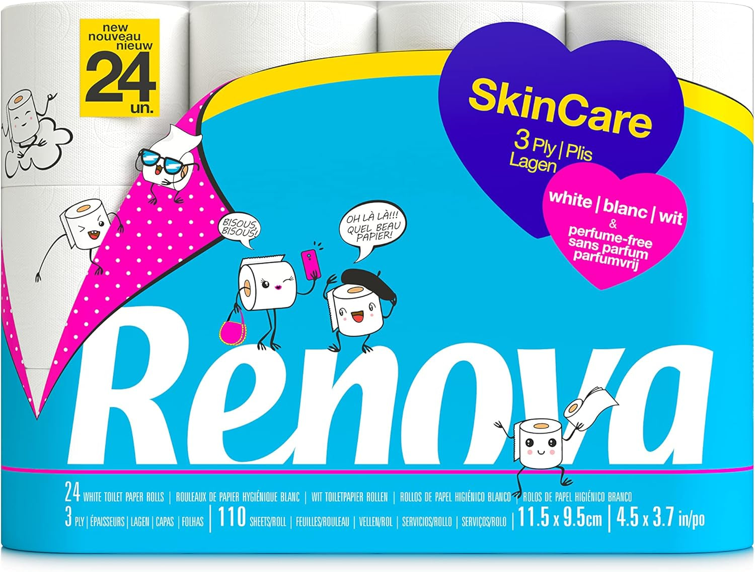 Hârtie igienică Renova Skincare, 3 straturi, albă, 24 role