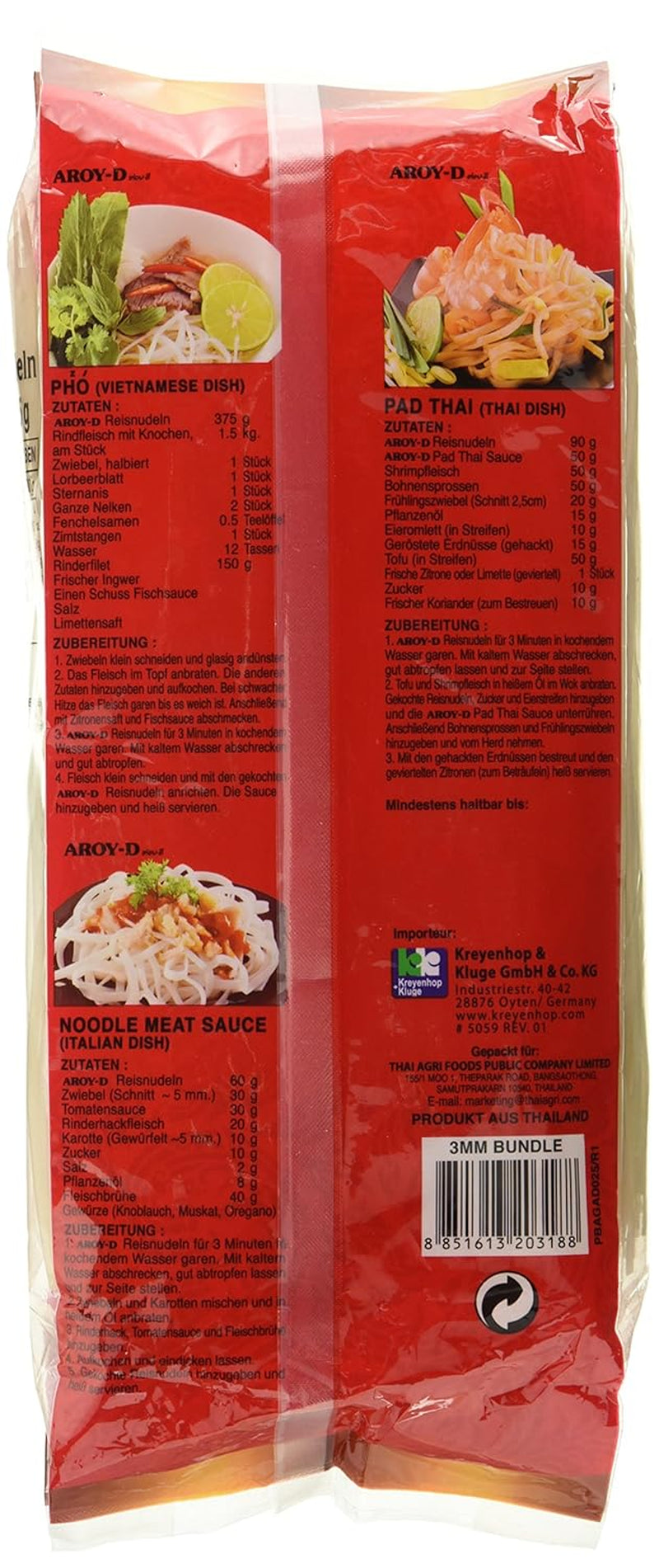 Fideos de arroz Aroy-D sin gluten paquetes de 3 mm (1 paquete x 375 g)