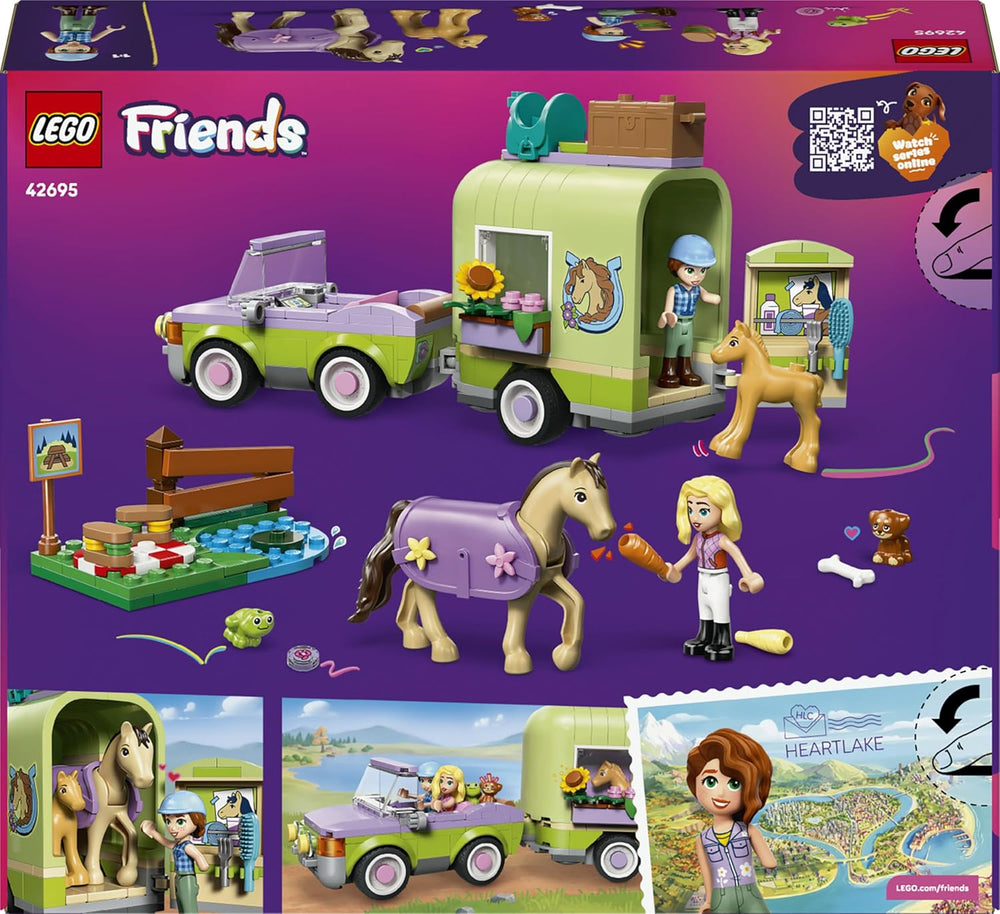 LEGO Friends Pferd und Fohlen mit Pferdeanhänger - Pferde Spielset mit Pflegezubehör, 4 Tierfiguren, Auto & 2 Mini Puppen - Geschenkeidee zum Geburtstag für Mädchen ab 7 Jahren - 42695