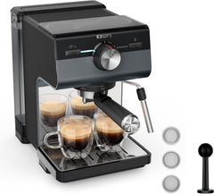 Espressor KRUPS Authentic+, 15 bari, operare intuitivă, design sofisticat, duză de abur, inclusiv accesorii extinse, Bullet Argintiu închis/Oțel inoxidabil, XP384G10